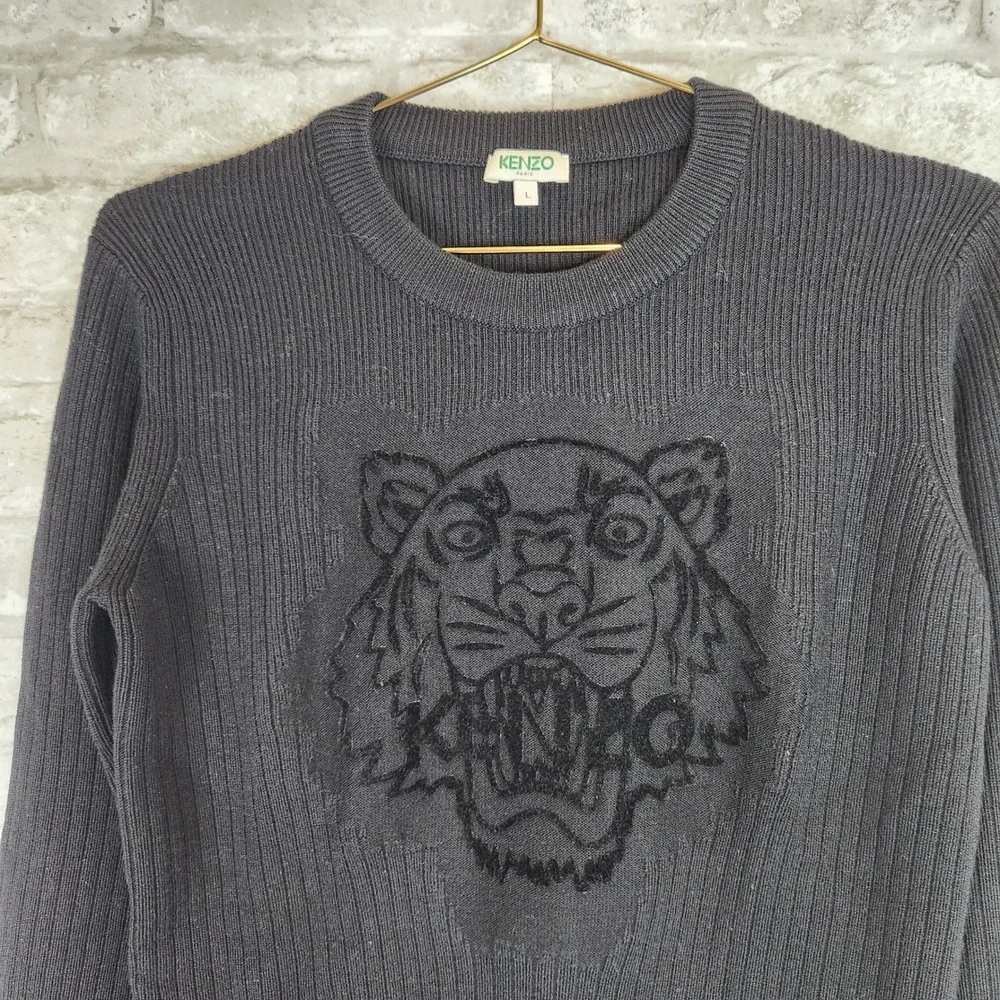 Kenzo Sweater Tiger Head Ribbed Knit 100% Wool Designer Black L